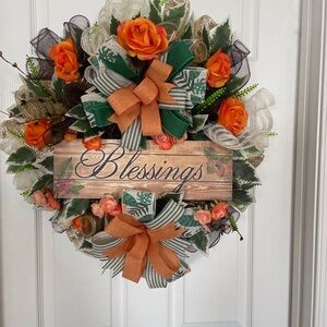 BLESSINGS! Orange and Green Floral Wreath with Blessings Sign.